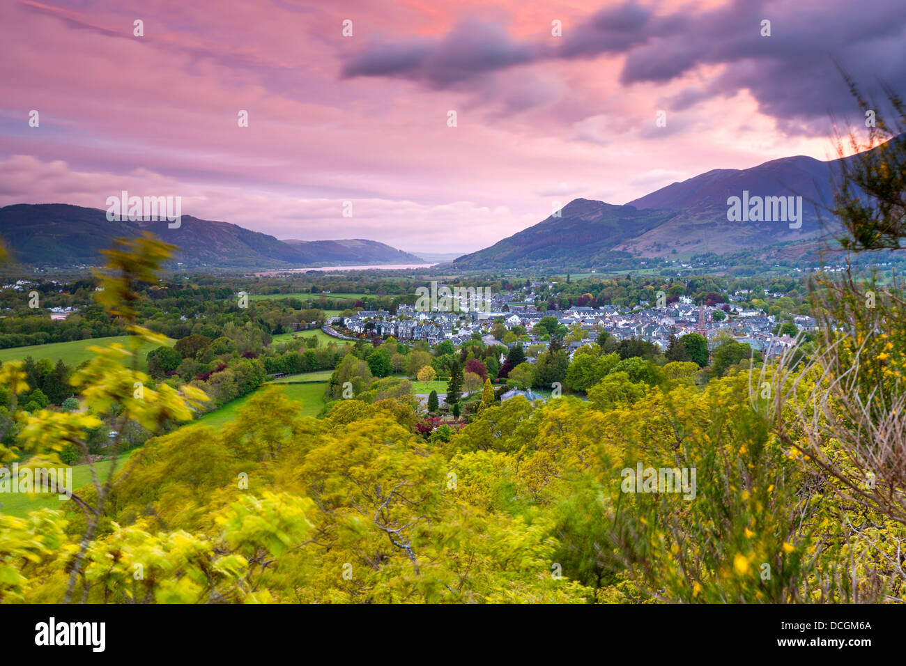 View from Castlehead Wood Viewpoint near Castlerigg village towards Keswick, Lake District National Park, Stock Photo