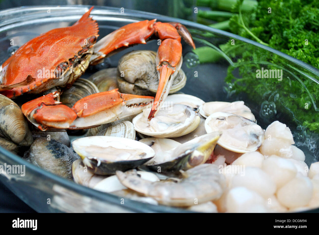Fresh Seafood in an Glass Bowl Stock Photo