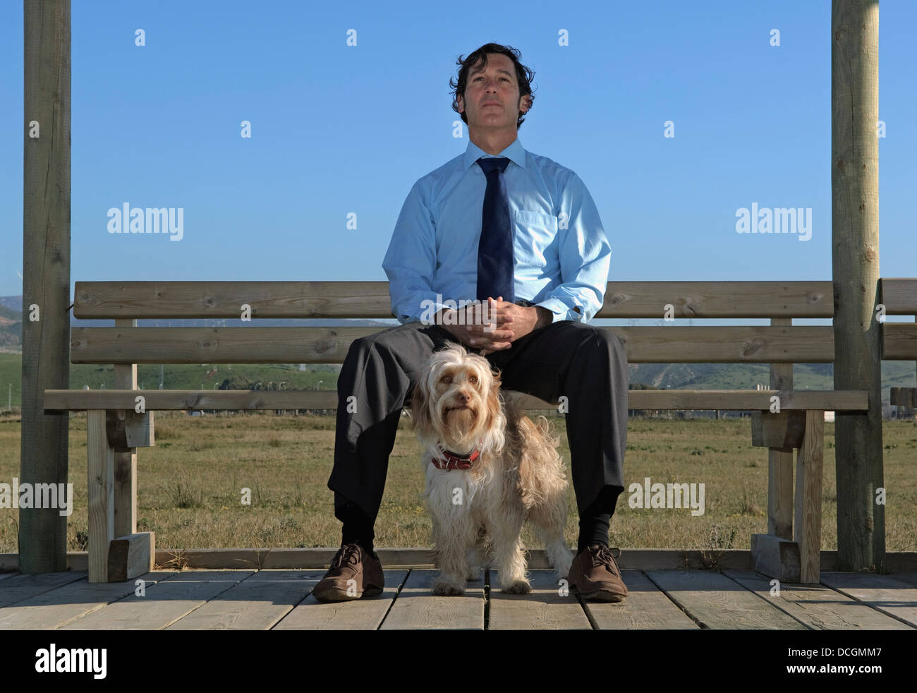 Man Sitting Outdoors With Dog Stock Photo