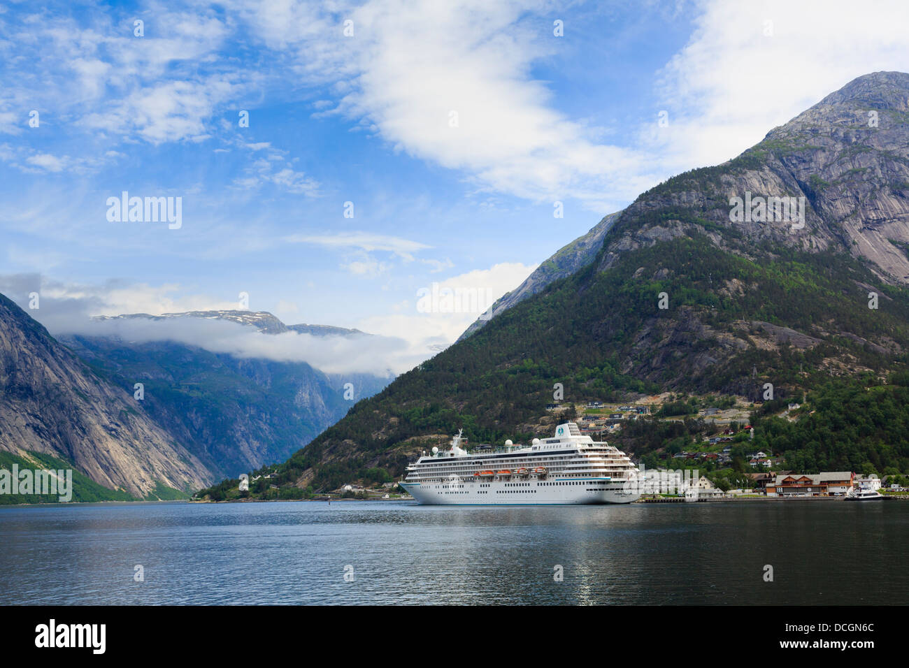 Cruise ship moored in Eidfjorden fjord at the end of Hardangerfjorden. Eidfjord, Hardanger