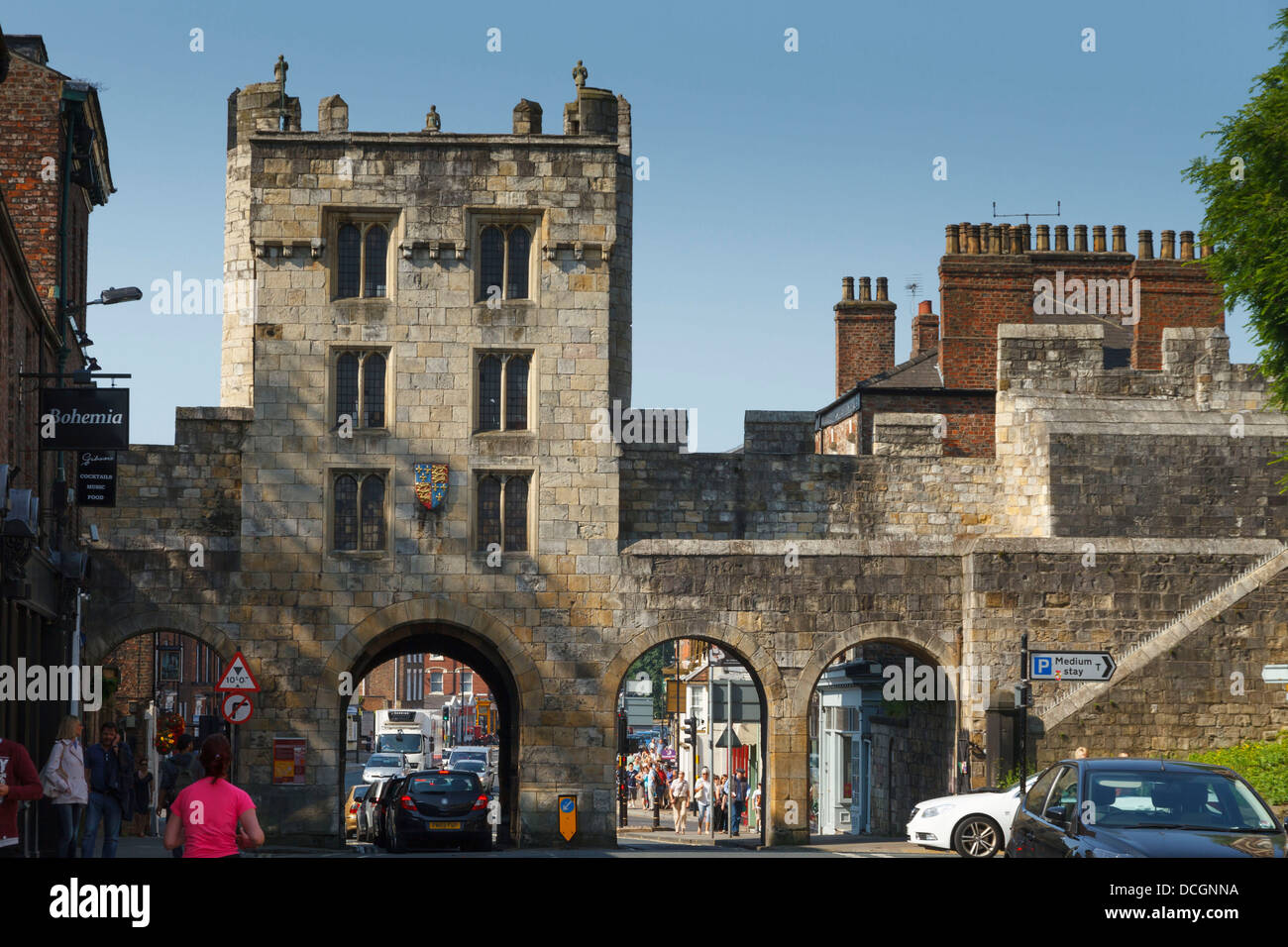 Micklegate ceremonial entrance to the old roman bar walled wall walls city of York, Yorkshire, England barbican tower Stock Photo