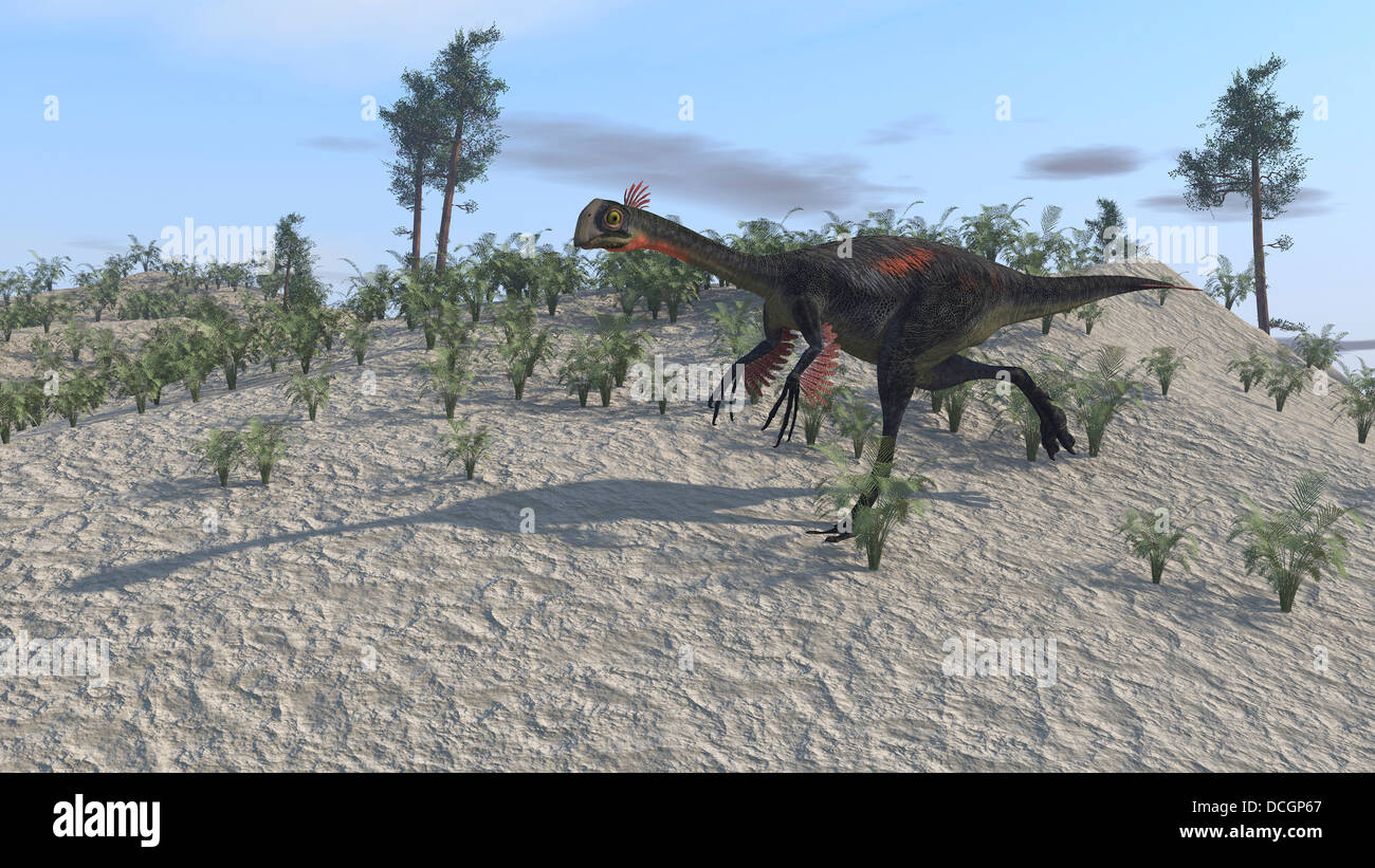 Gigantoraptor running across a prehistoric terrain. Stock Photo