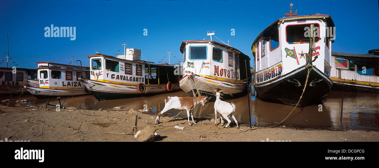 Port at Xique-Xique city, State of Bahia, Northeastern Brazil. Typical boats of São Francisco river. Stock Photo