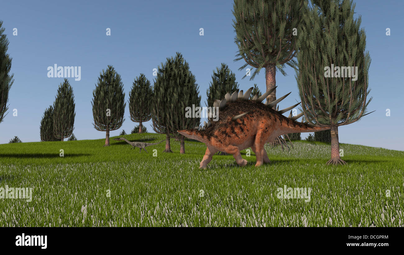 Kentrosaurus and a Coelophysis walking across an open field. Stock Photo
