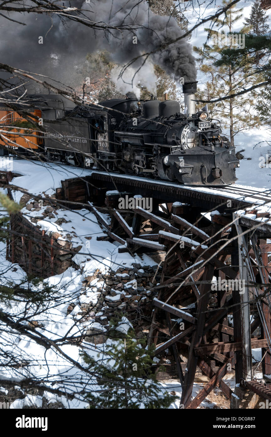 Steam engine and boxcars from the Durango and Silverton Narrow Gauge Railroad. Stock Photo