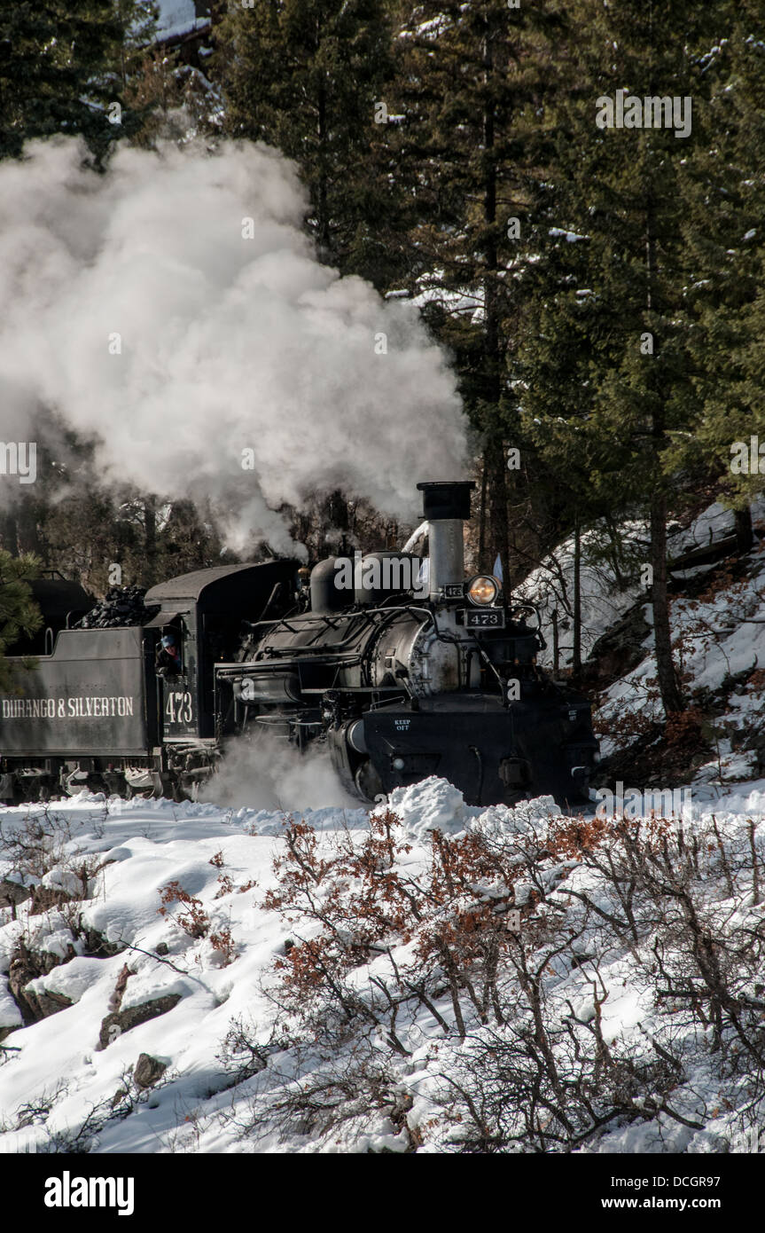 Steam engine and ore car from the Durango and Silverton Narrow Gauge Railroad. Stock Photo