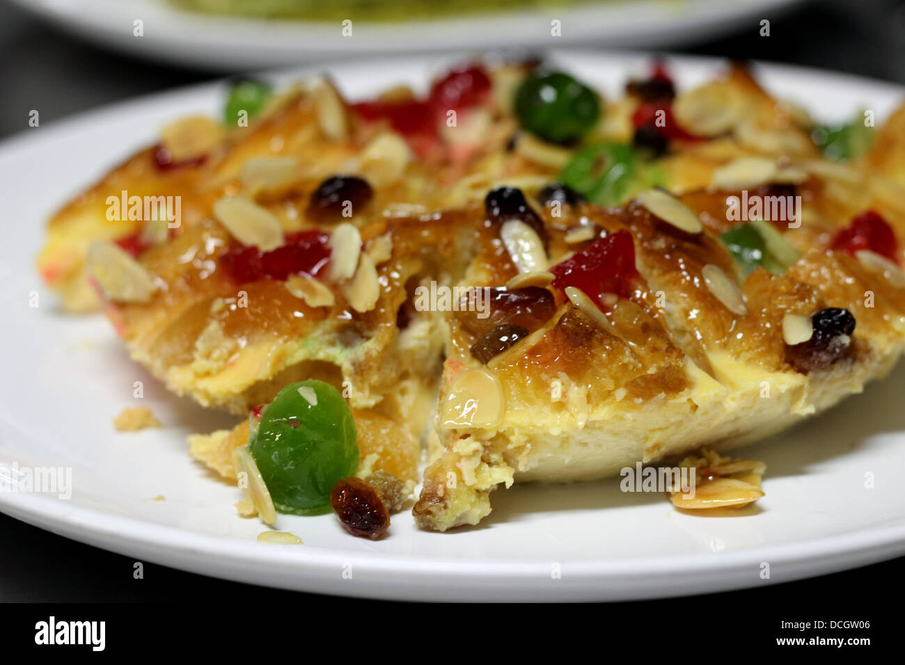 A Closeup of a plate of bread pudding Stock Photo