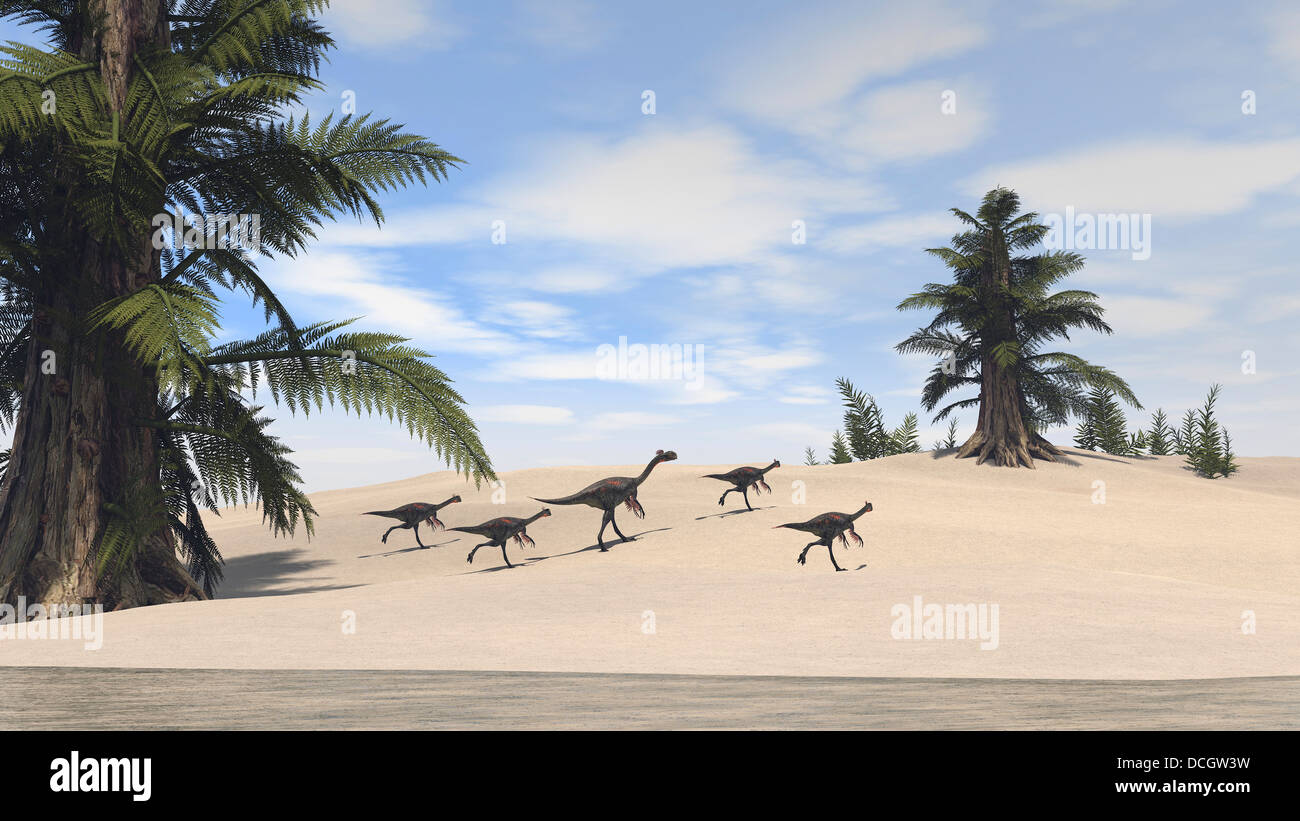 Herd of Gigantoraptors walking along the shore. Stock Photo