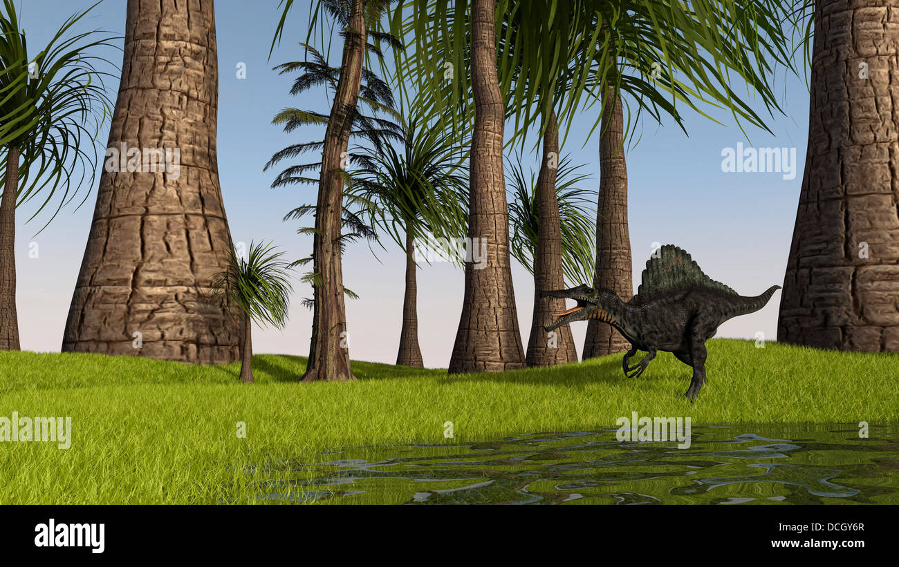 Spinosaurus hunting along the edge of a swamp. Stock Photo