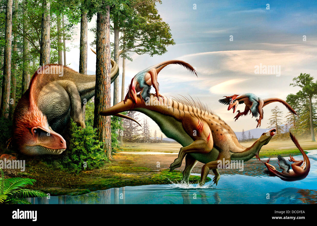 A Cretaceous Acrocanthosaurus observing a Tenontosaurus being attacked a group of Deinonychus. Stock Photo