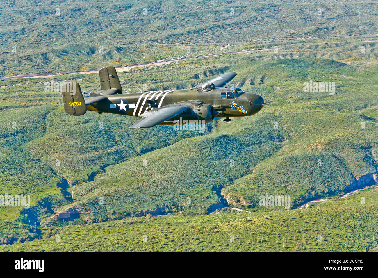 North American B25G Mitchell bomber in flight near Mesa, Arizona Stock
