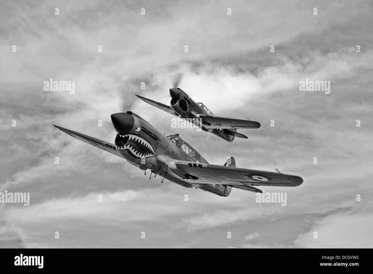 Two Curtiss P-40 Warhawks in flight near Nampa, Idaho. Stock Photo