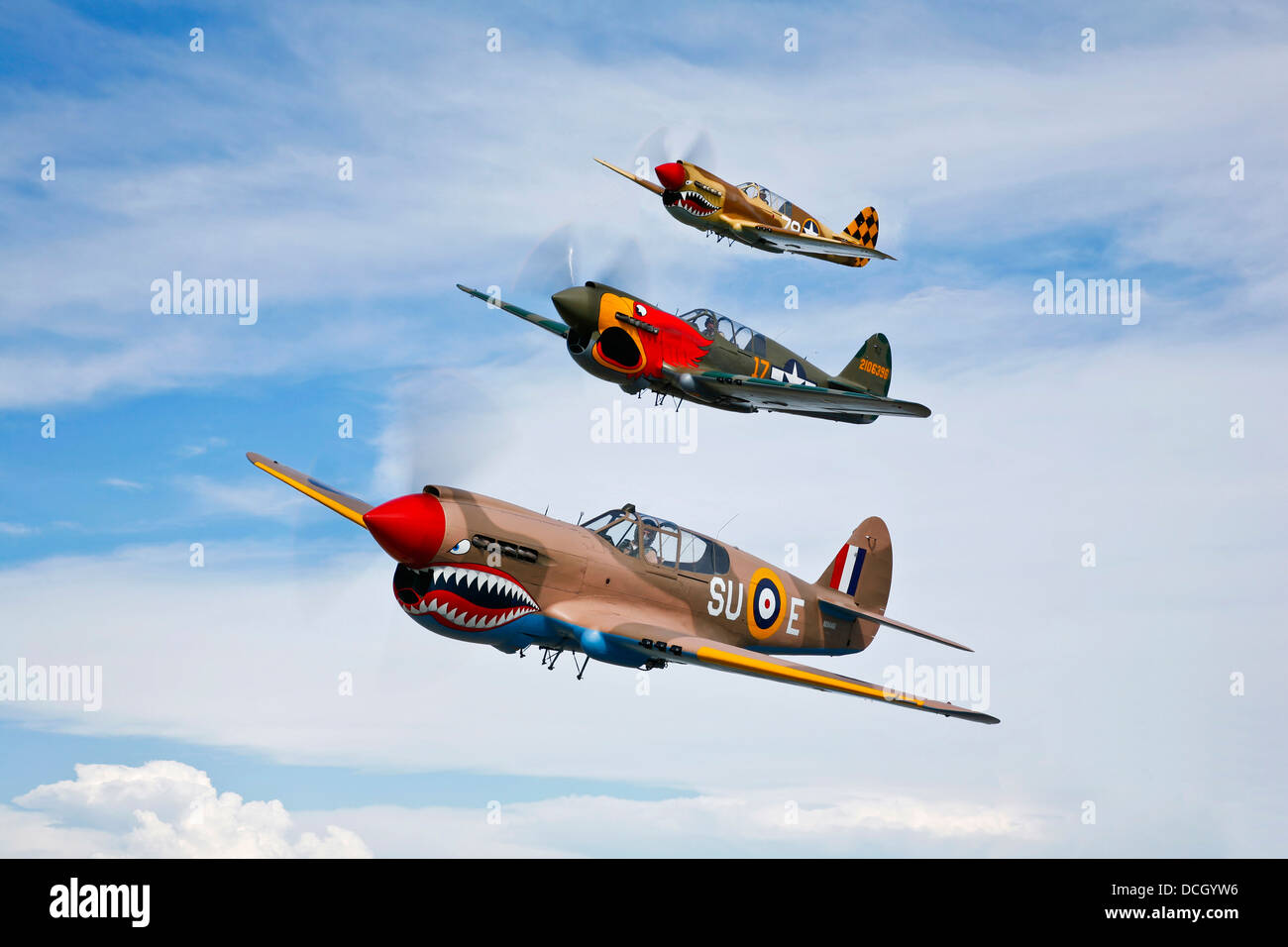 A group of P-40 Warhawks fly in formation near Nampa, Idaho. Stock Photo