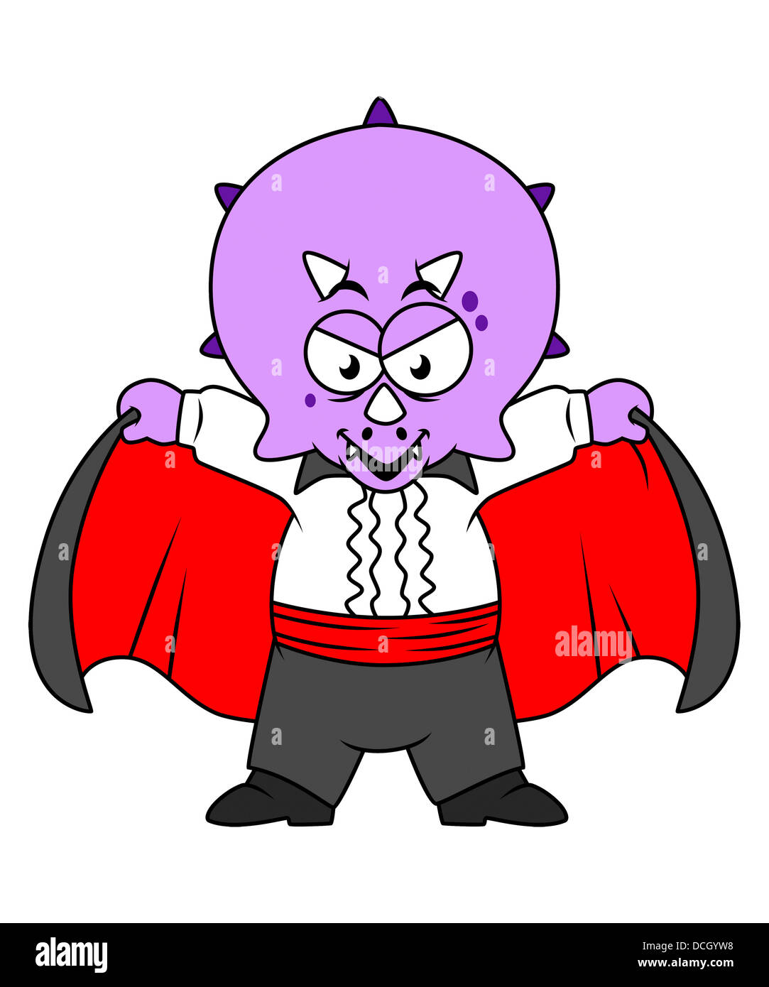 Cartoon illustration of a Ceratops dinosaur dressed up as Count Dracula. Stock Photo