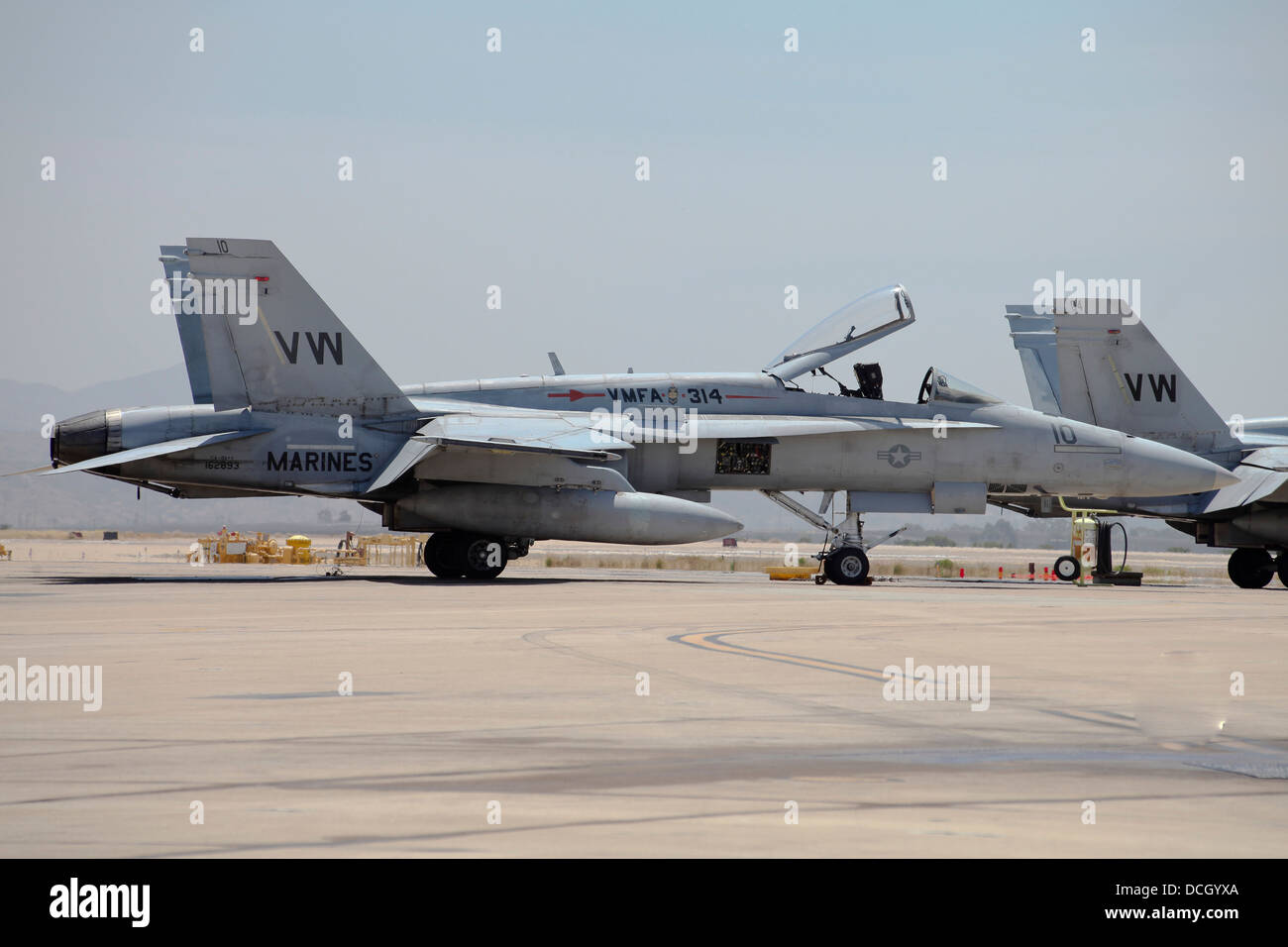 An F/A-18C Hornet of United States Marine Corps squadron VMFA-314, at Marine Corps Air Station Miramar, California. Stock Photo