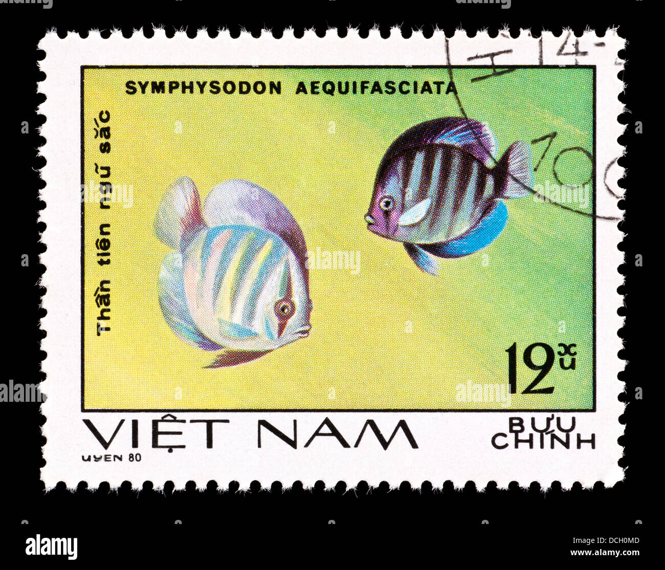 Postage stamp from Vietnam depicting a discus fish (Symphysodon aequifasciata) Stock Photo