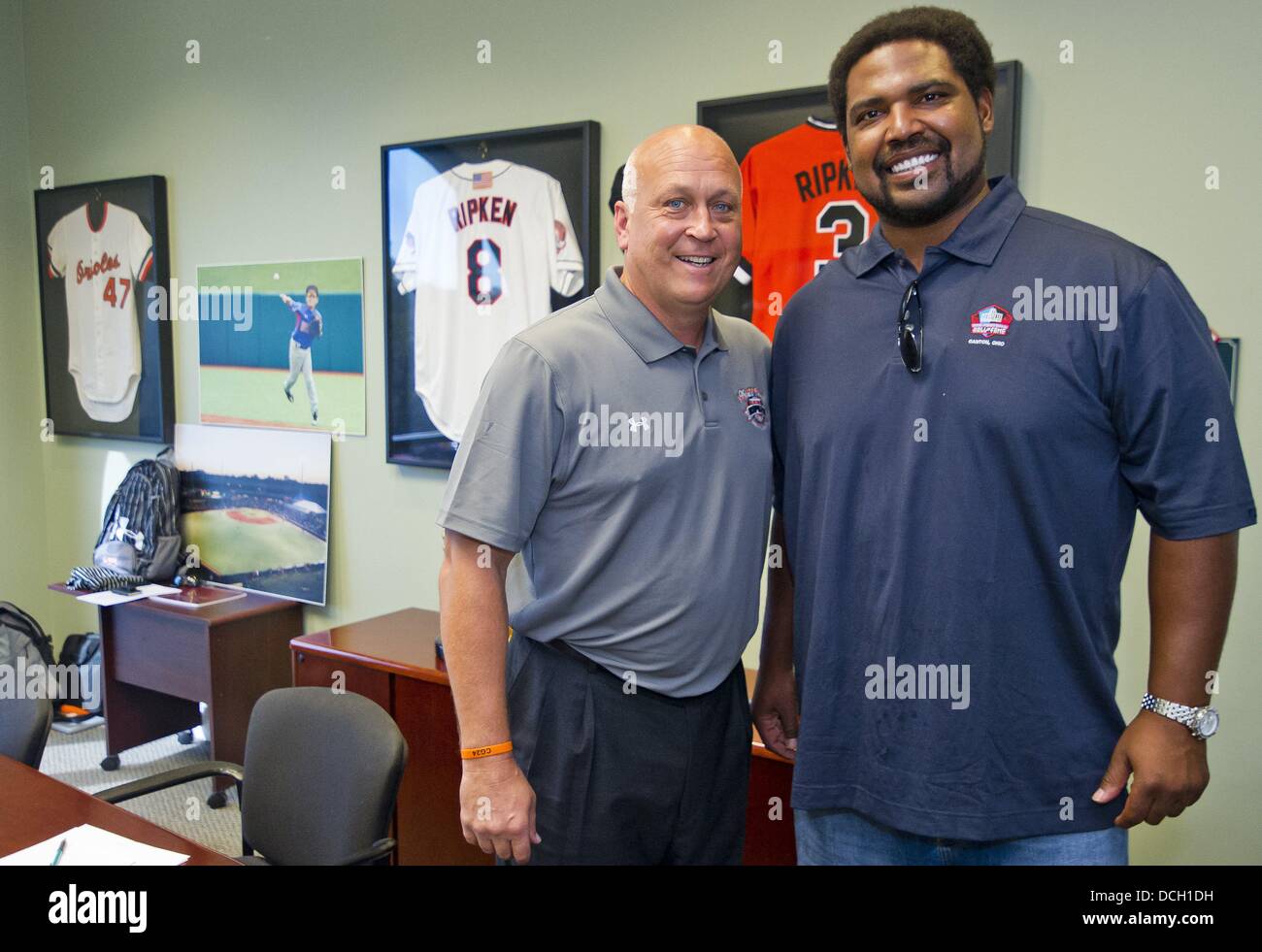 Aug. 17, 2013 - Aberdeen, Maryland, U.S. - Cal Ripken, Jr. and Jonathan Ogden, both Hall of Famers in their respective sports, before games begin on Playoff Championship Day at the Cal Ripken World Series in Aberdeen, Maryland on August 17, 2013. (Credit Image: © Scott Serio/Eclipse/ZUMAPRESS.com) Stock Photo