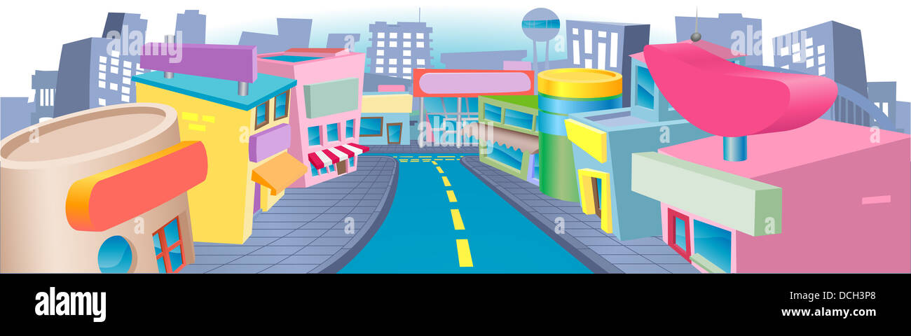 An illustration of a of cartoon shopping street with lots of interesting shops Stock Photo