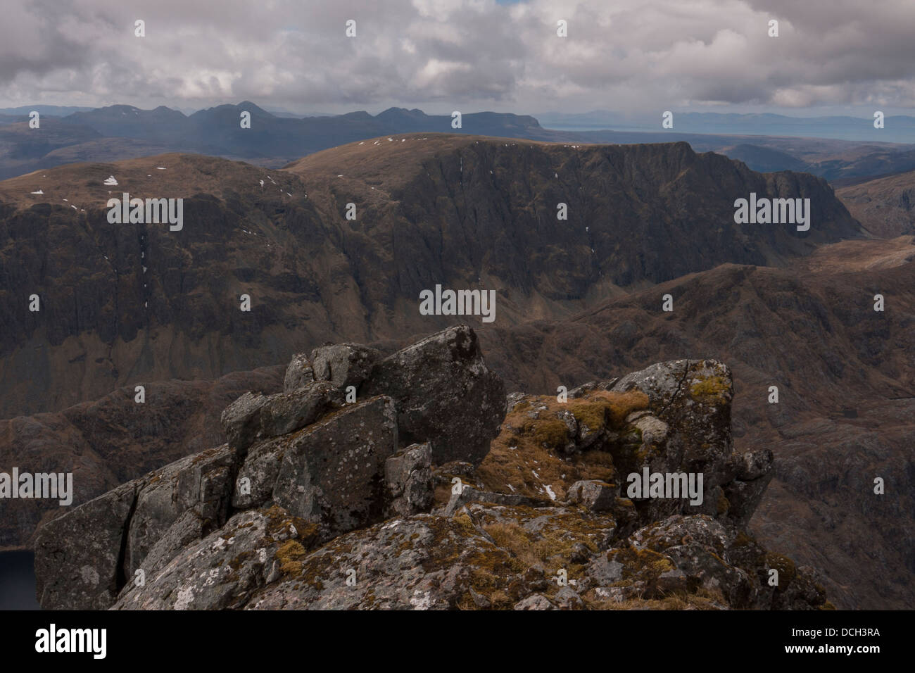 Summit view from A' Mhaighdean looking towards Beinn Lair in the Letterewe Forest, Wester Ross, Highland, UK Stock Photo
