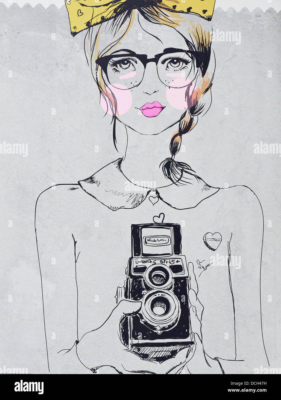 Drawing of a girl holding a twin reflex camera Stock Photo