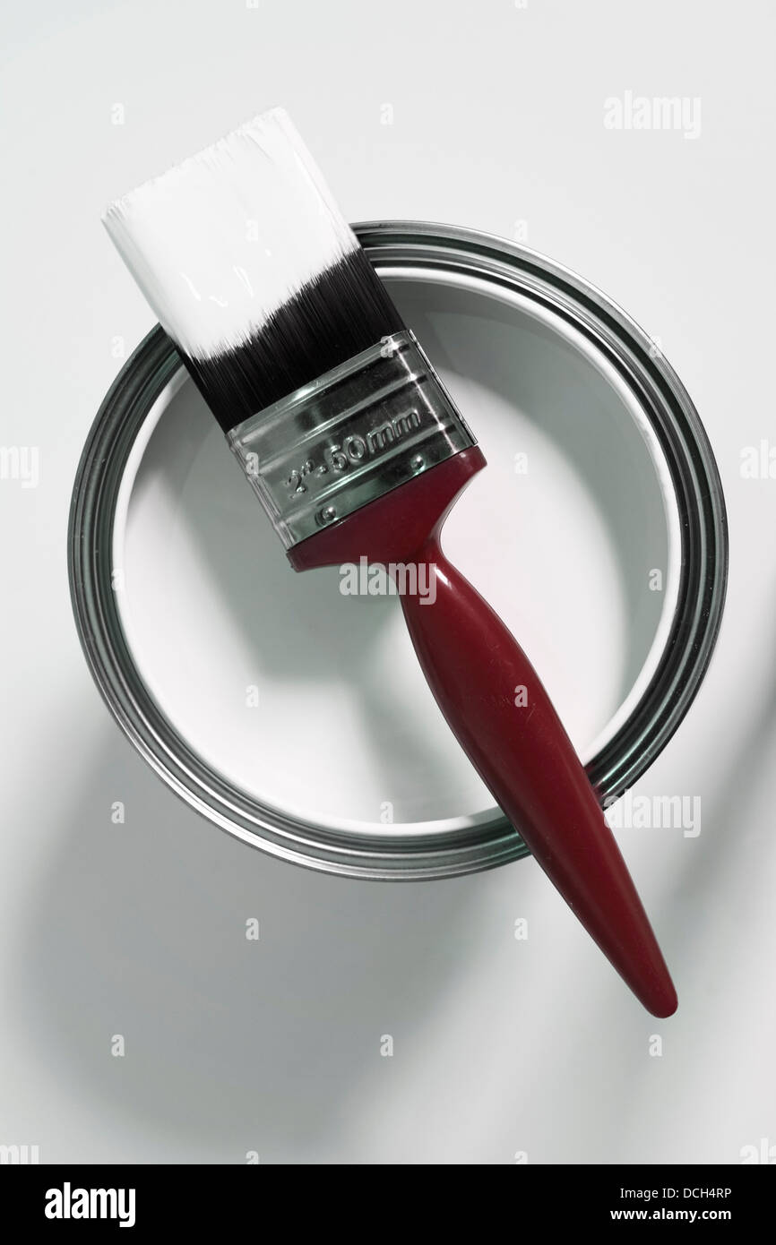 Paint brush and an open tin of white paint Stock Photo Alamy