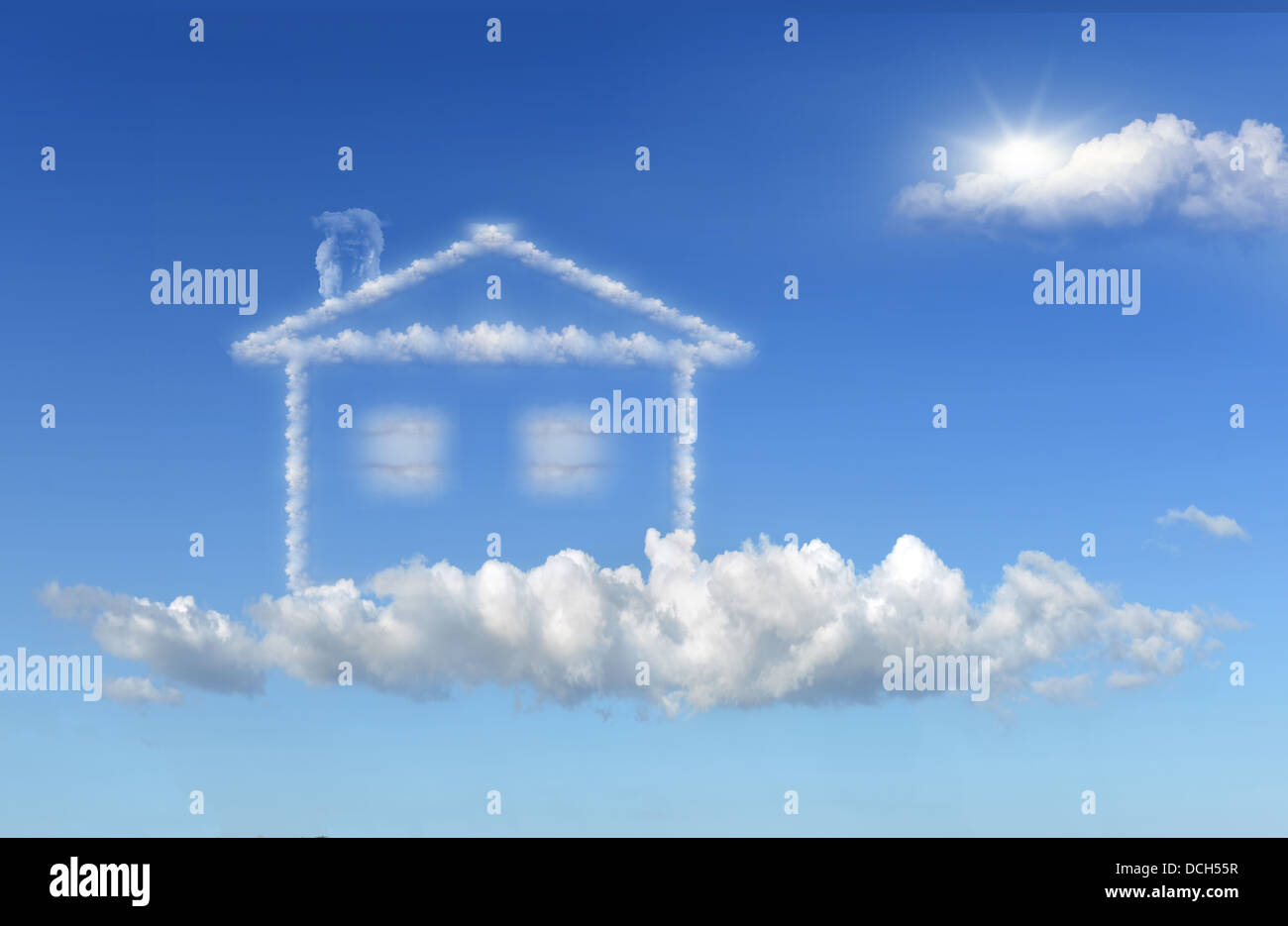 House of clouds in the dreams of a blue sky background. Stock Photo