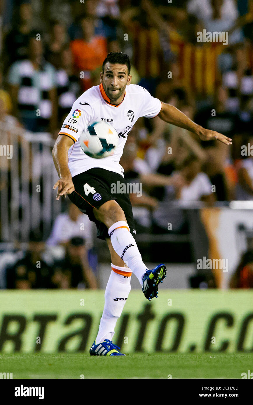 Valencia, Spain. 17th Aug, 2013. Defender Adil Rami of Valencia CF in action during the Spanish La Liga game between Valencia and Malaga from the Mestalla Stadium. Credit:  Action Plus Sports/Alamy Live News Stock Photo