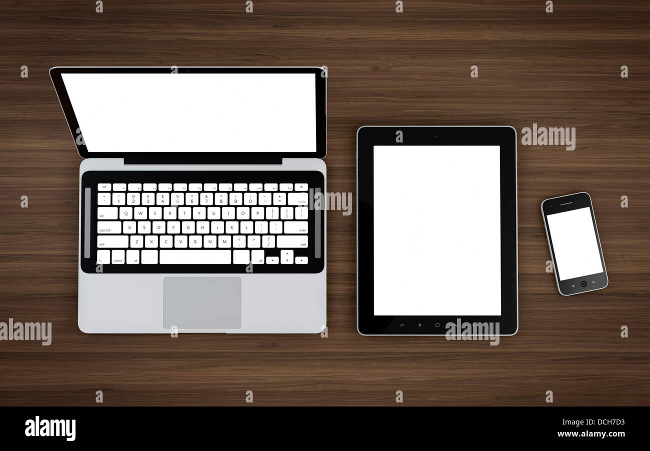 3D illustration of electronic devices on wooden table Stock Photo - Alamy