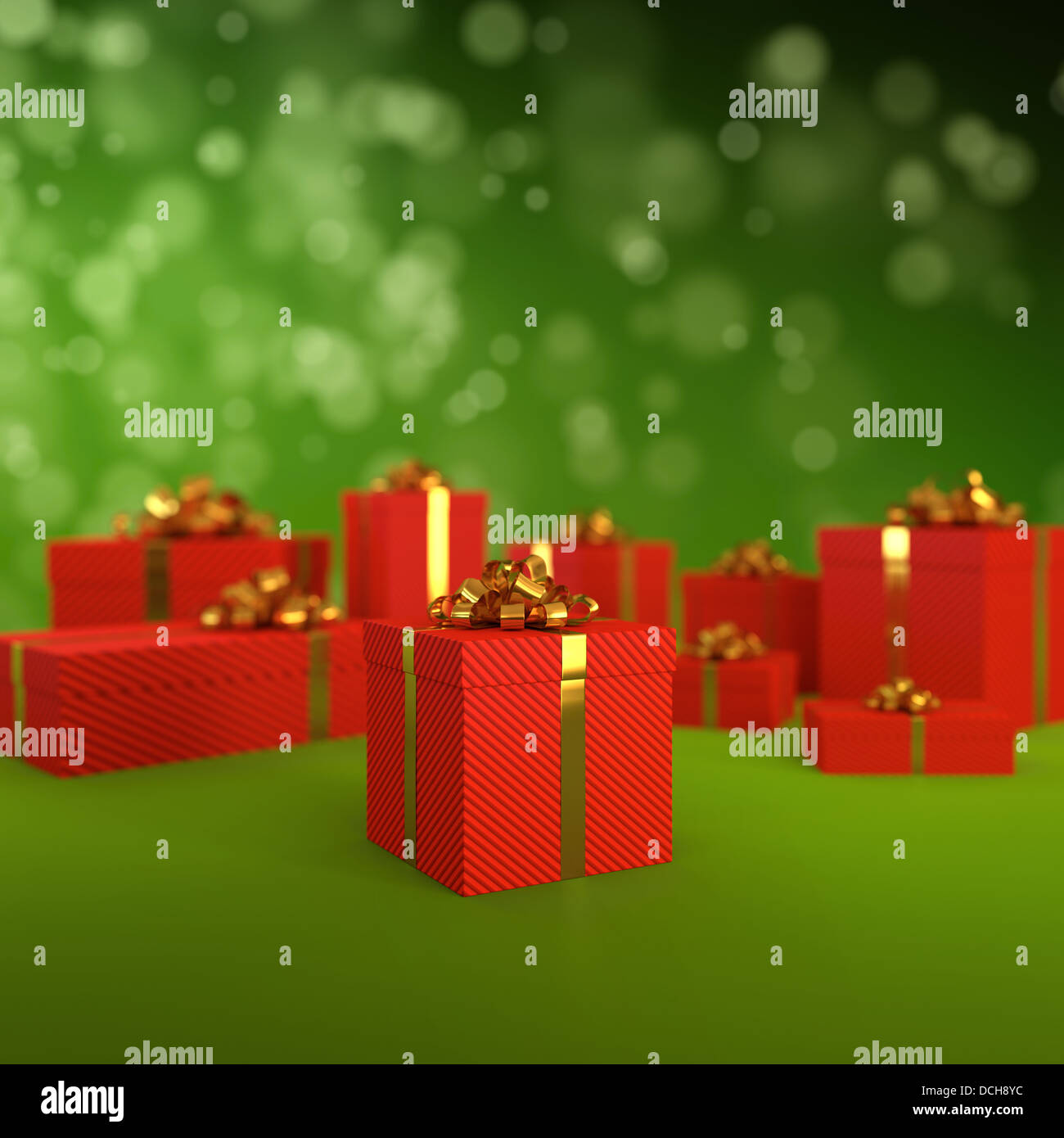 3D illustration of red gift boxes on green background Stock Photo - Alamy