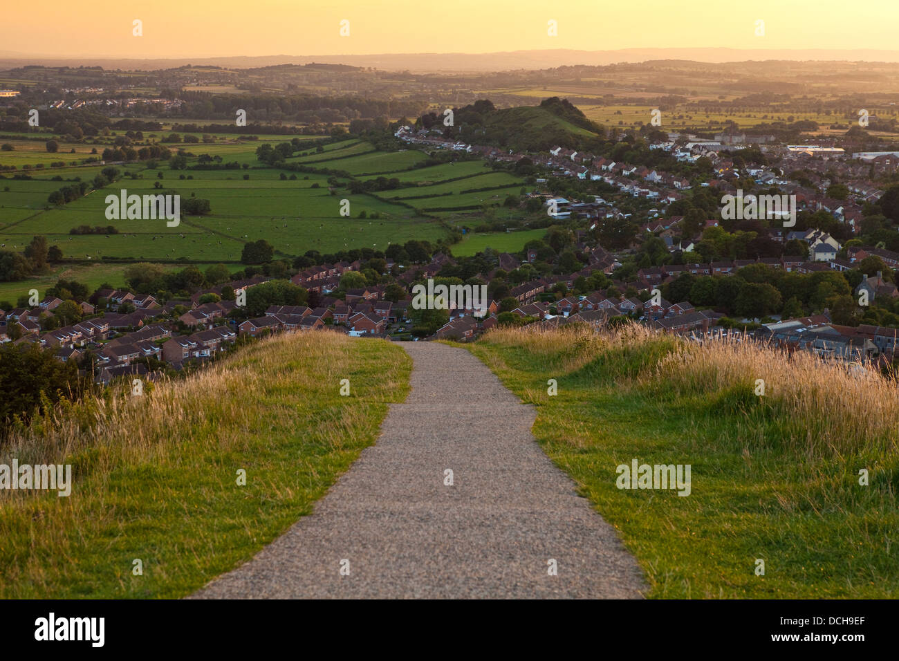 Walking down from the Glastonbury Tor in Somerset. Stock Photo