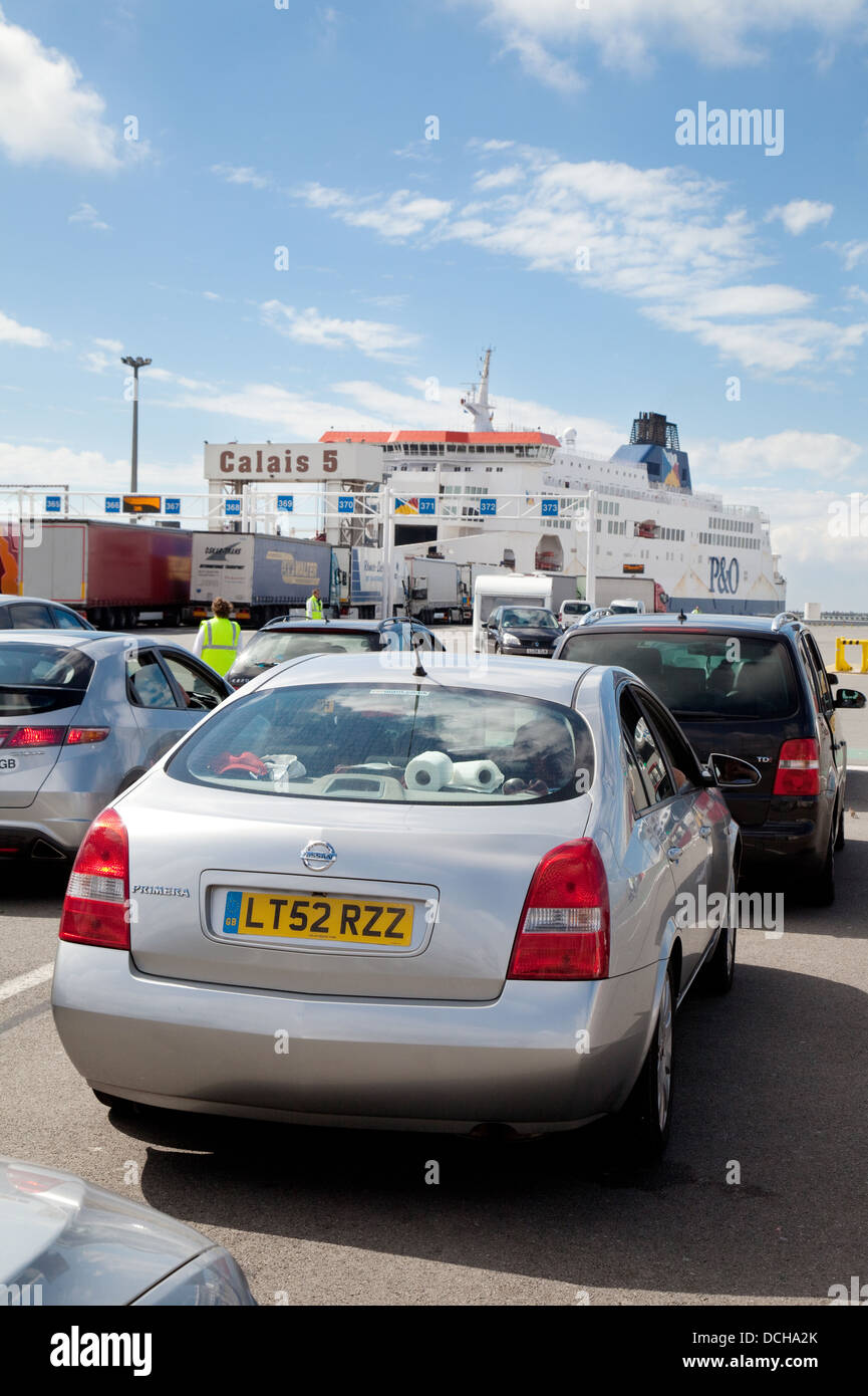 Cars waiting to board the car ferry for the channel crossing, at Calais harbour, Calais to Dover route, France Europe Stock Photo