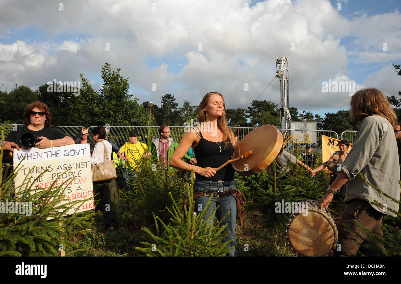 Balcombe, West Sussex, UK. 18th August 2013. Vanessa Vine a local resident leads Anti Fracking protesters at Balcombe Stock Photo