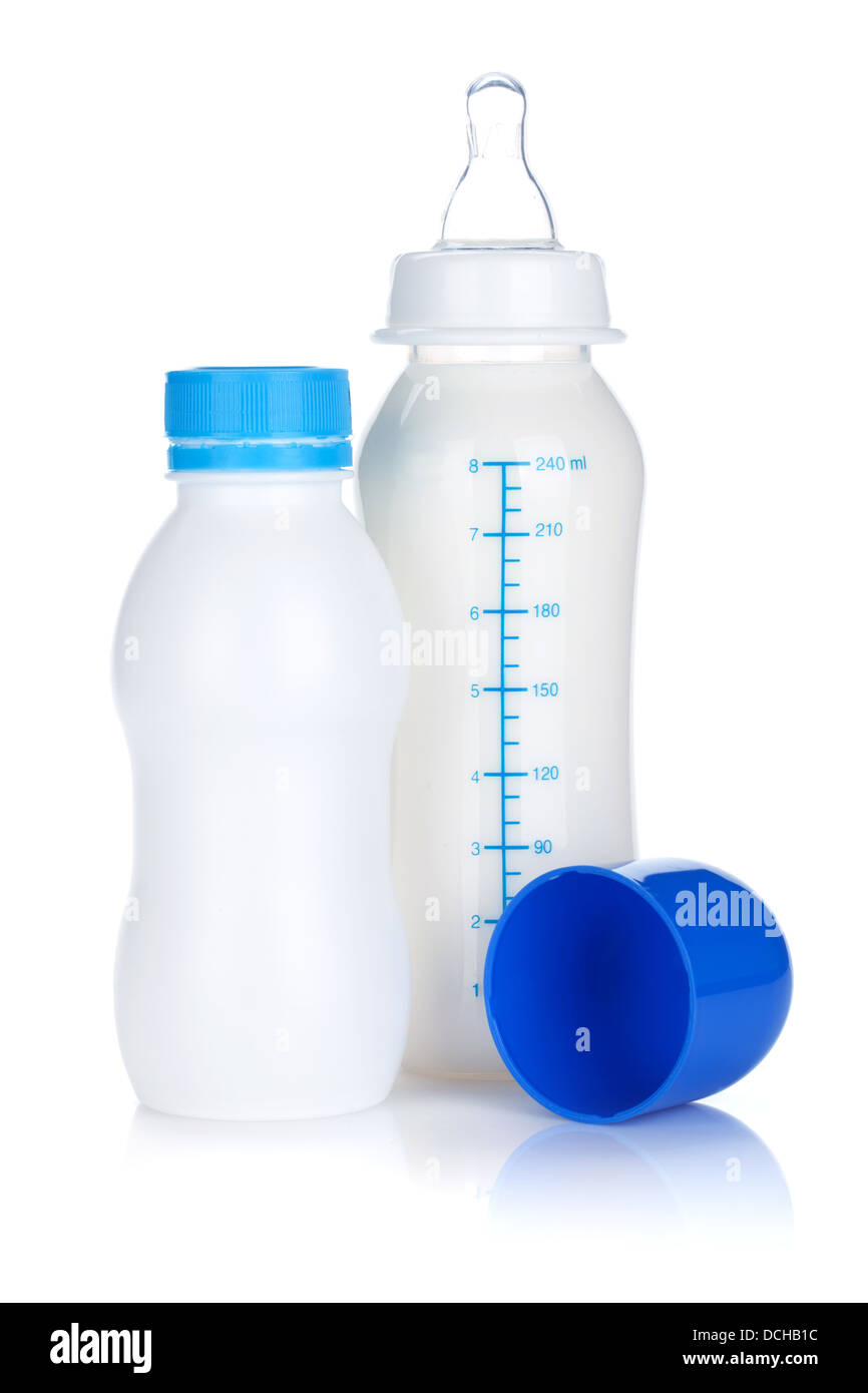 Baby yoghurt and milk bottle. Isolated on white background Stock Photo