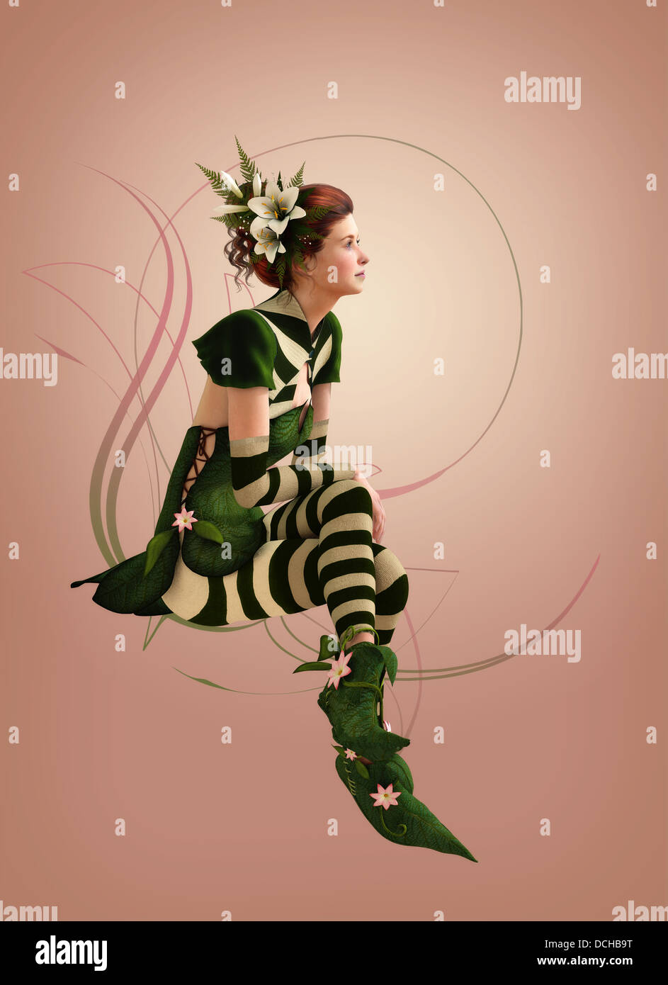 3d computer graphics of a girl with a striped dress and flowers in her hair Stock Photo