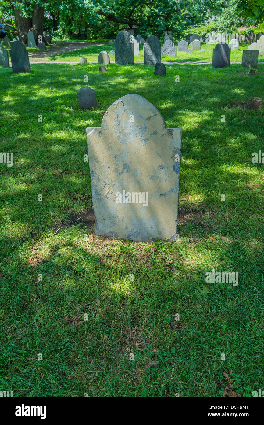 Graves and grave stones in the historic burying ground in Salem
