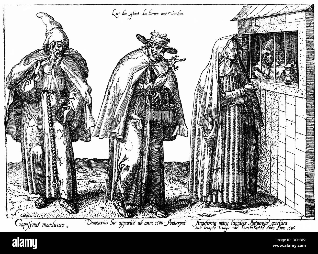 Historical illustration from the 16th century, representation of different monks, Capuchins, mendicant Stock Photo