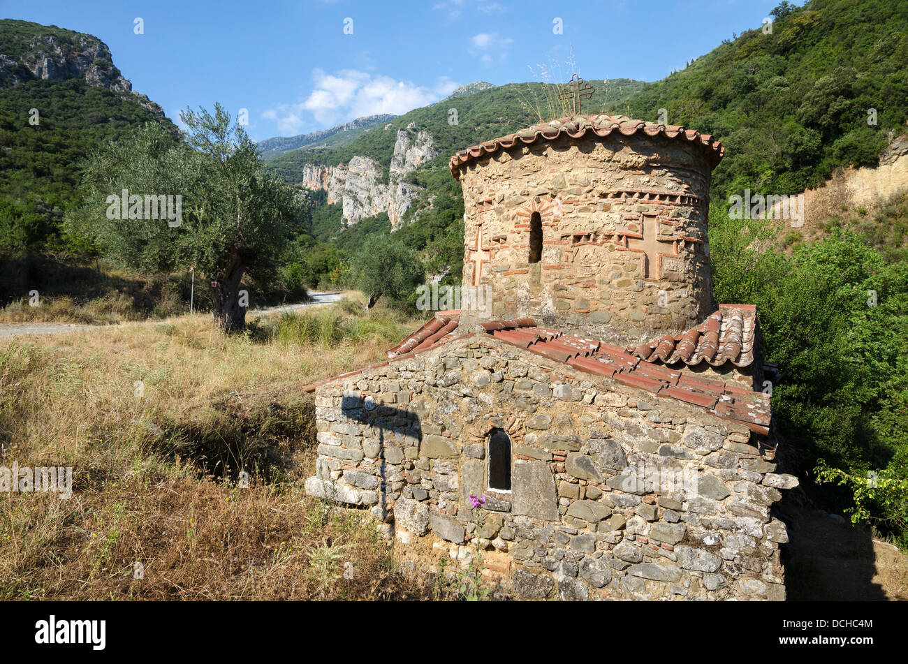 Byzantine church of Agios Andreas, set deep in the Lousios Gorge by Ancient Gortys, Arcadia, central Peloponnese, Greece. Stock Photo
