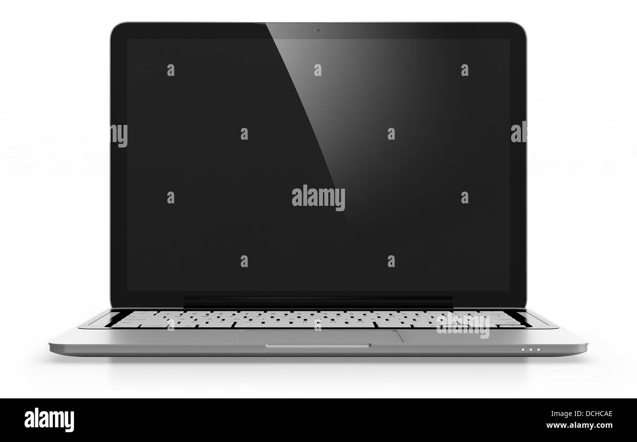 3D image of modern laptop with black screen isolated on white Stock Photo