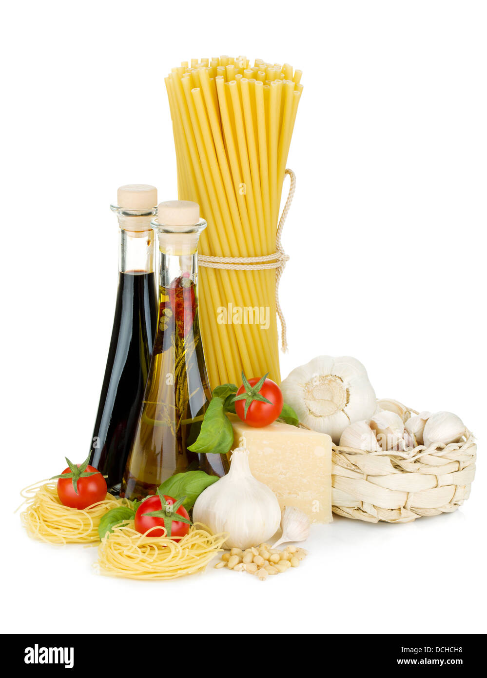 Pasta, tomatoes, basil, olive oil, vinegar, garlic and parmesan cheese