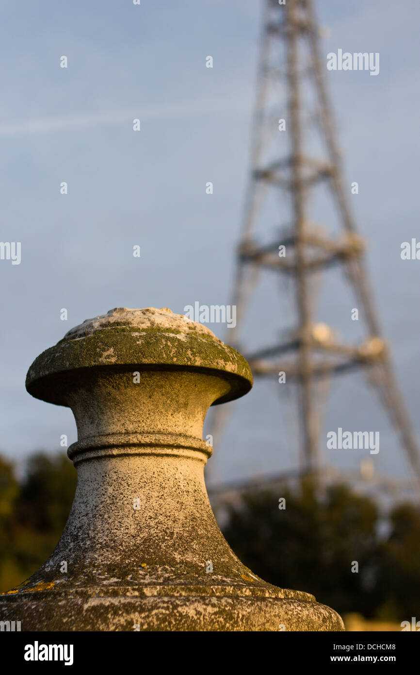 Detail of  moss covered stone stair and TV tower in early morning light in Crystal Palace Park Stock Photo