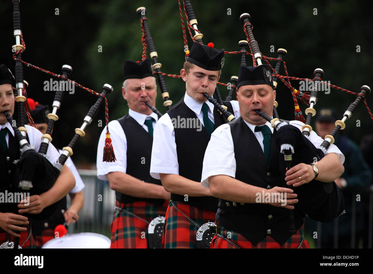 Pipers from the Mull and Iona Pipe Band playing at the 67th World Pipe Band Championships for the first time. The 2013 event was held at Glasgow Green where more than 200 pipe bands attended. Credit:  PictureScotland/Alamy Live News Stock Photo