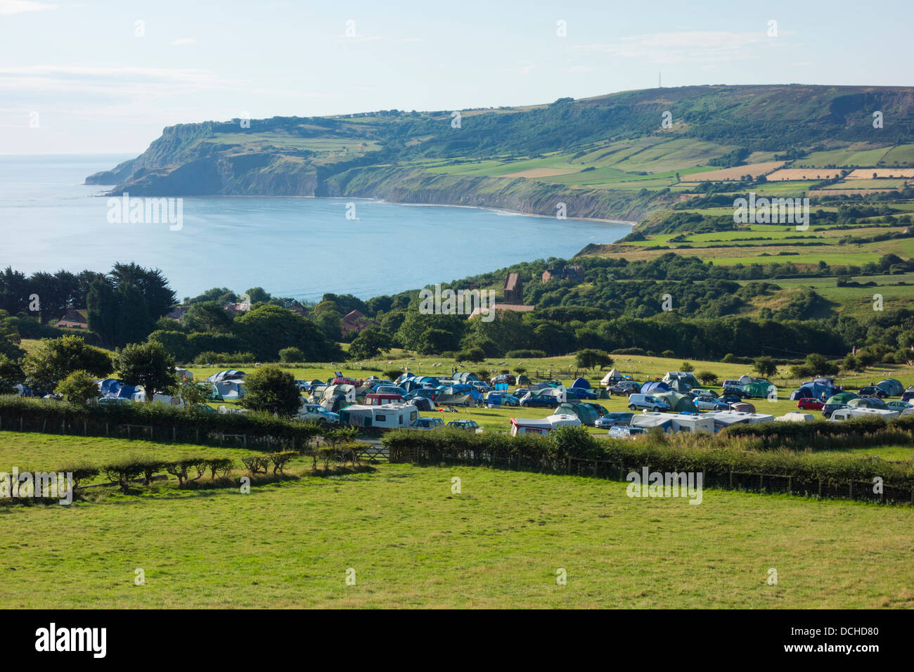 View over Hooks House Farm campsite at Robin Hood's Bay, North Yorkshire, England, UK Stock Photo