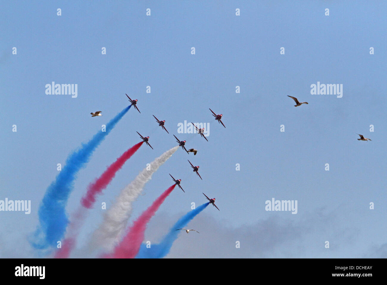 Eastbourne,UK,18th August 2013,The Red Arrows fly over the pier in the sunshine during the Airbourne air display in Eastbourn Credit: Keith Larby/Alamy live News Stock Photo