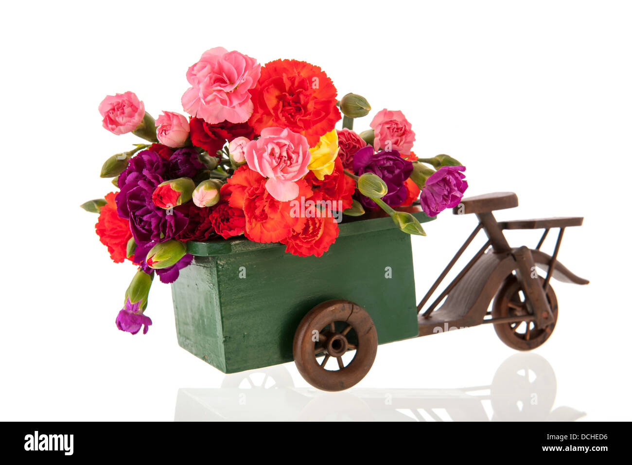 Little Dianthus flowers in green transport car Stock Photo