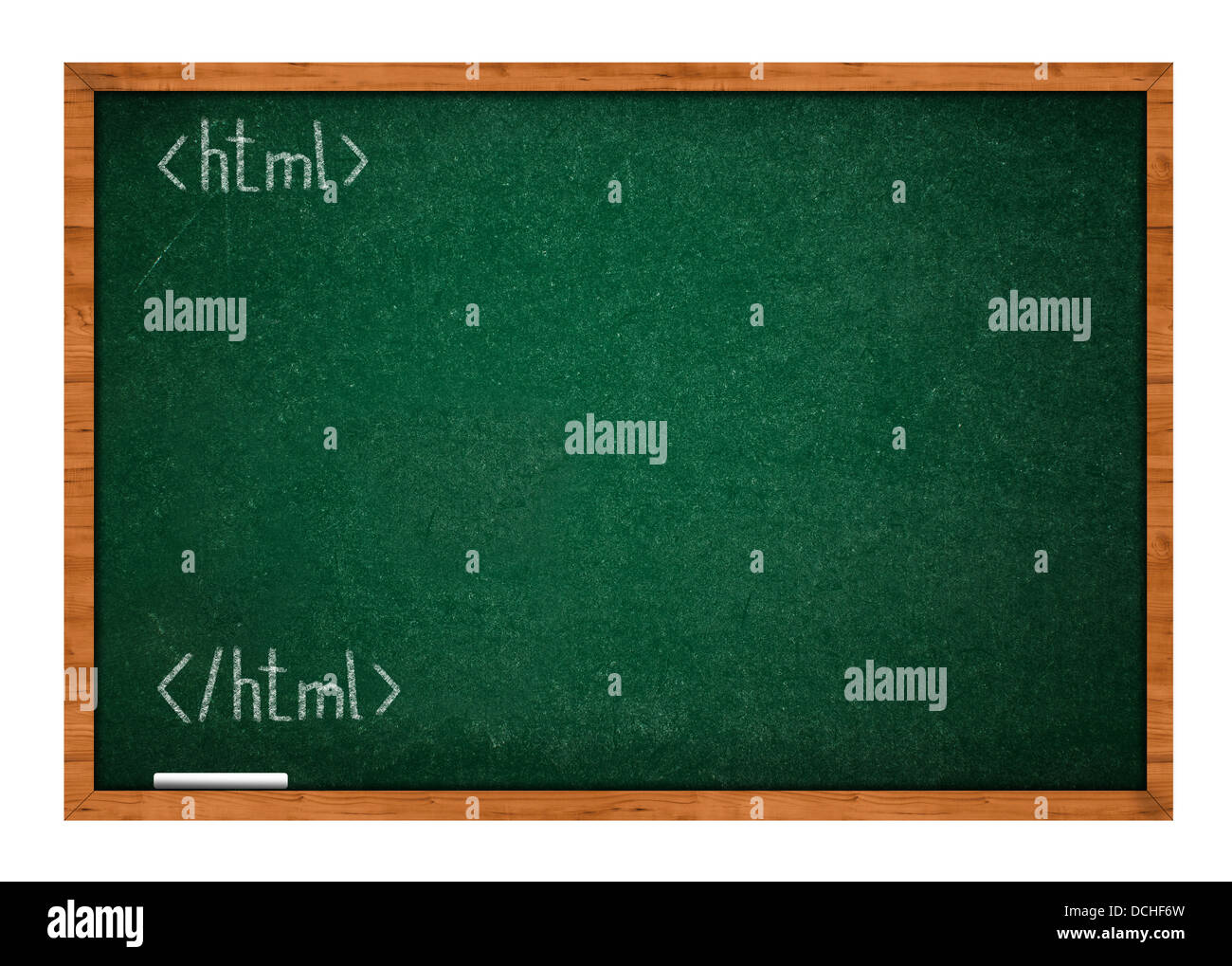 First lesson in html on green chalkboard with wooden frame. Stock Photo