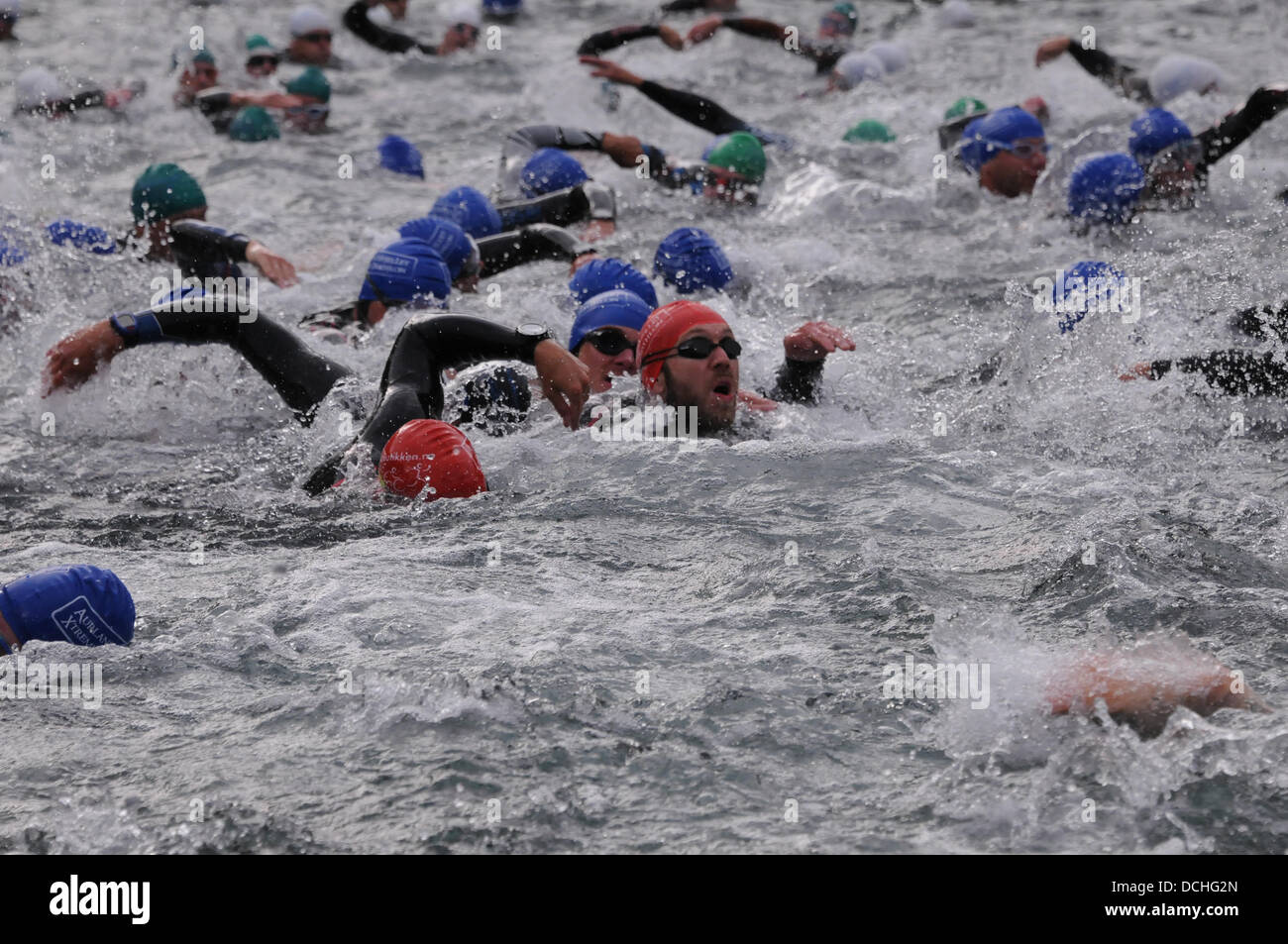 Aurland, Norway. 17th Aug, 2013. The fight for clear water and sight at the opening meters of the 1900m fjord swim at Aurlandsfjellet Xtreme Triathlon 17. August 2013 in Aurland Norway. © Kjell Eirik Irgens Henanger/Alamy Live News Stock Photo