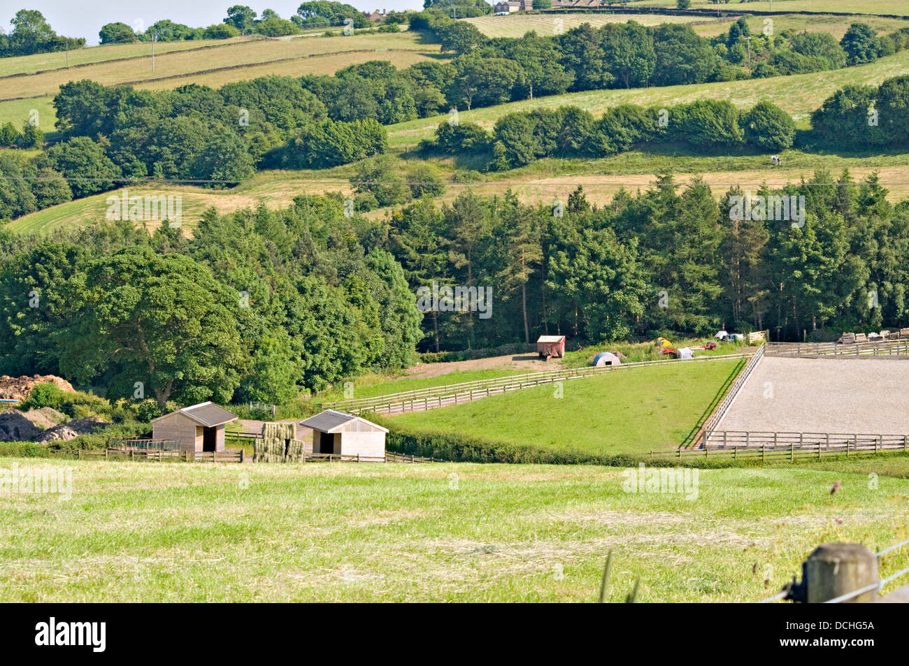 Landscape shot of the Bakewell countryside UK. with a few out sheds and buildings. Stock Photo