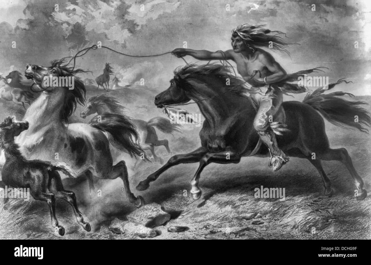 Lassoing wild horses Native American roping wild horses, circa 1850