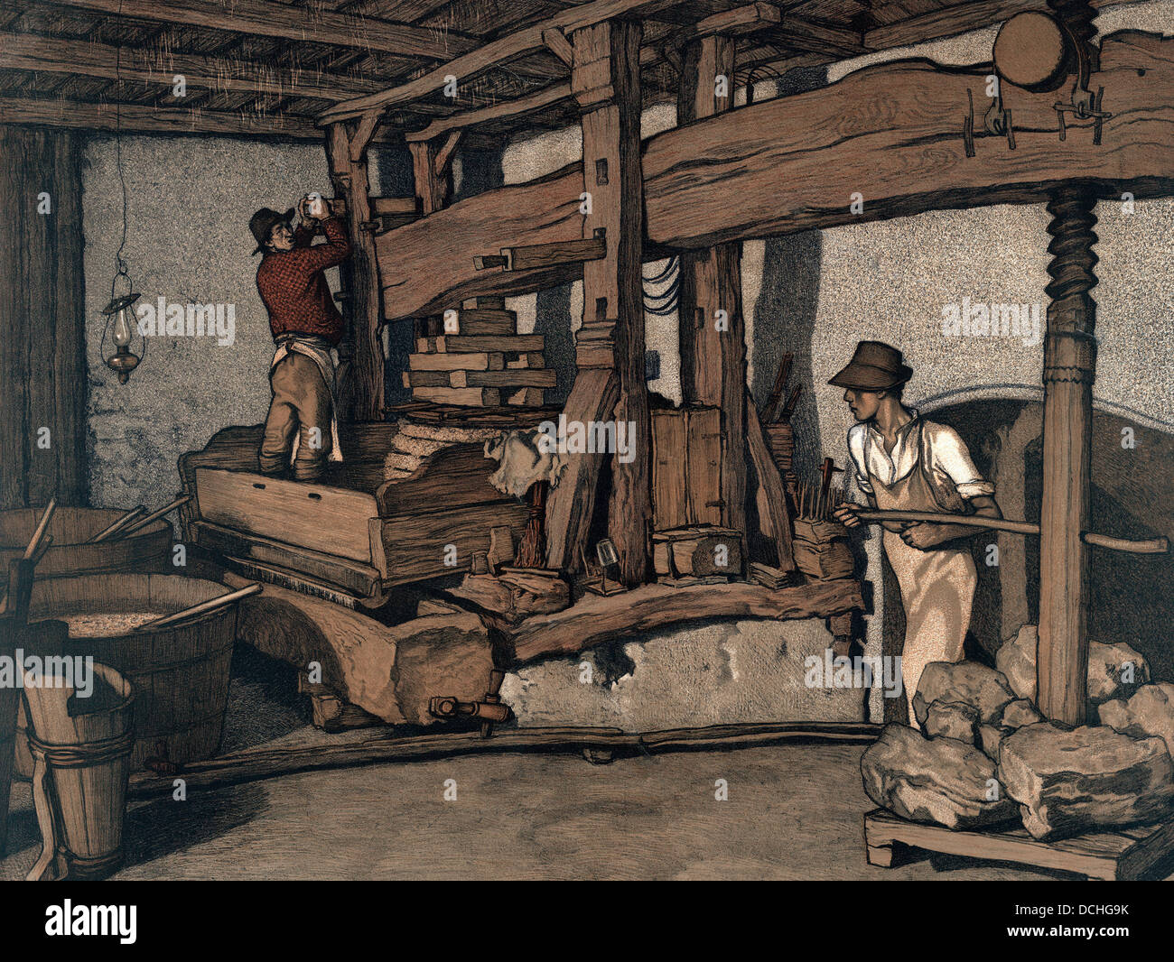 The Wine Press - crushing the grapes, circa 1890 Stock Photo