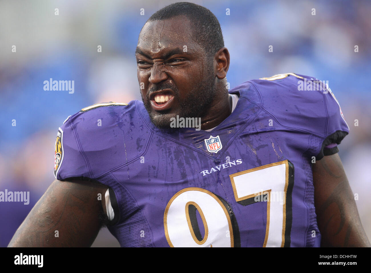 Baltimore, MD, USA. 19th Aug, 2013. Aug. 15, 2013 - Baltimore, MD, United States of America - Baltimore Ravens DT Arthur Jones (97). Atlanta Falcons vs Baltimore Ravens at M&T Bank Stadium in Baltimore, MD on August 15, 2013. Photo: Mike Buscher/Cal Sport Media Credit:  csm/Alamy Live News Stock Photo